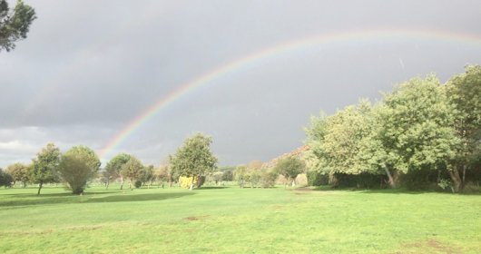 Fig. 5. La città come speranza ecologica: arcobaleno su verde urbano sottratto all'edificazione (foto di Pietro Garau).