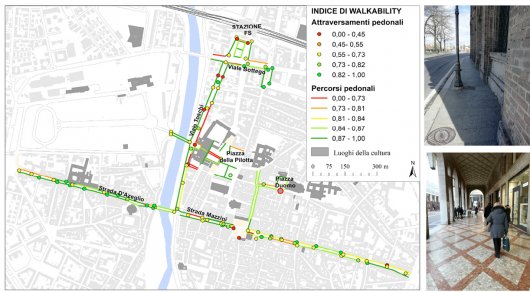 Fig. 3. Esempio di analisi e mappatura di un indice composto del livello di walkability per il centro storico di Parma (fonte: Caselli et al. 2021).