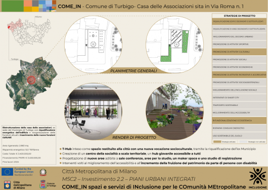 Fig. 1. Scheda di progetto dell'intervento nel Comune di Turbigo previsto dal Piano urbano integrato “COME IN - Spazi di INclusione per le COmunità Metropolitane” (fonte: Città metropolitana di Milano, <a href="https://www.cittametropolitana.mi.it/export/sites/default/PNRR/doc/PUI/COME_IN/schede_progetto/TURBIGO_COME_IN.pdf" class='spip_url spip_out' rel='external'>https://www.cittametropolitana.mi.i...</a> ).