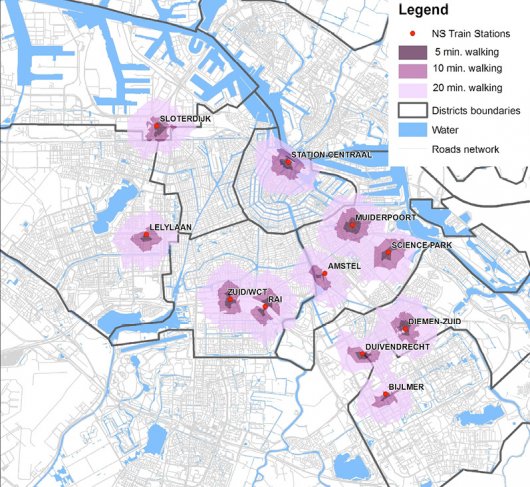 Fig. 4. Esempio di mappatura delle isocrone, pedonali e ciclabili, a partire dalle stazioni ferroviarie NS (Nederlandse Spoorwegen) della città di Amsterdam (fonte: Tiboni e Rossetti 2014).