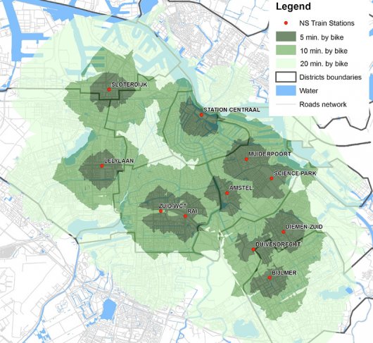 Fig. 4. Esempio di mappatura delle isocrone, pedonali e ciclabili, a partire dalle stazioni ferroviarie NS (Nederlandse Spoorwegen) della città di Amsterdam (fonte: Tiboni e Rossetti 2014).